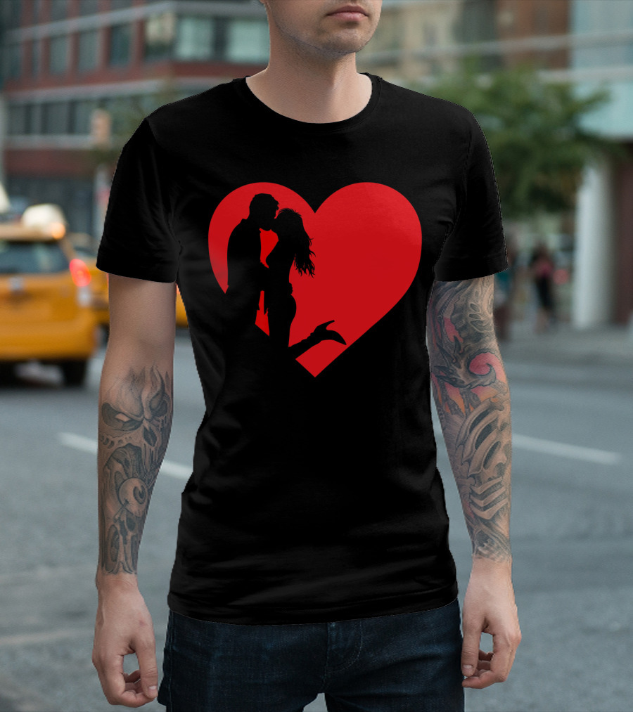 Silhouette Romantic Kiss in Front of Red Heart T-Shirt
