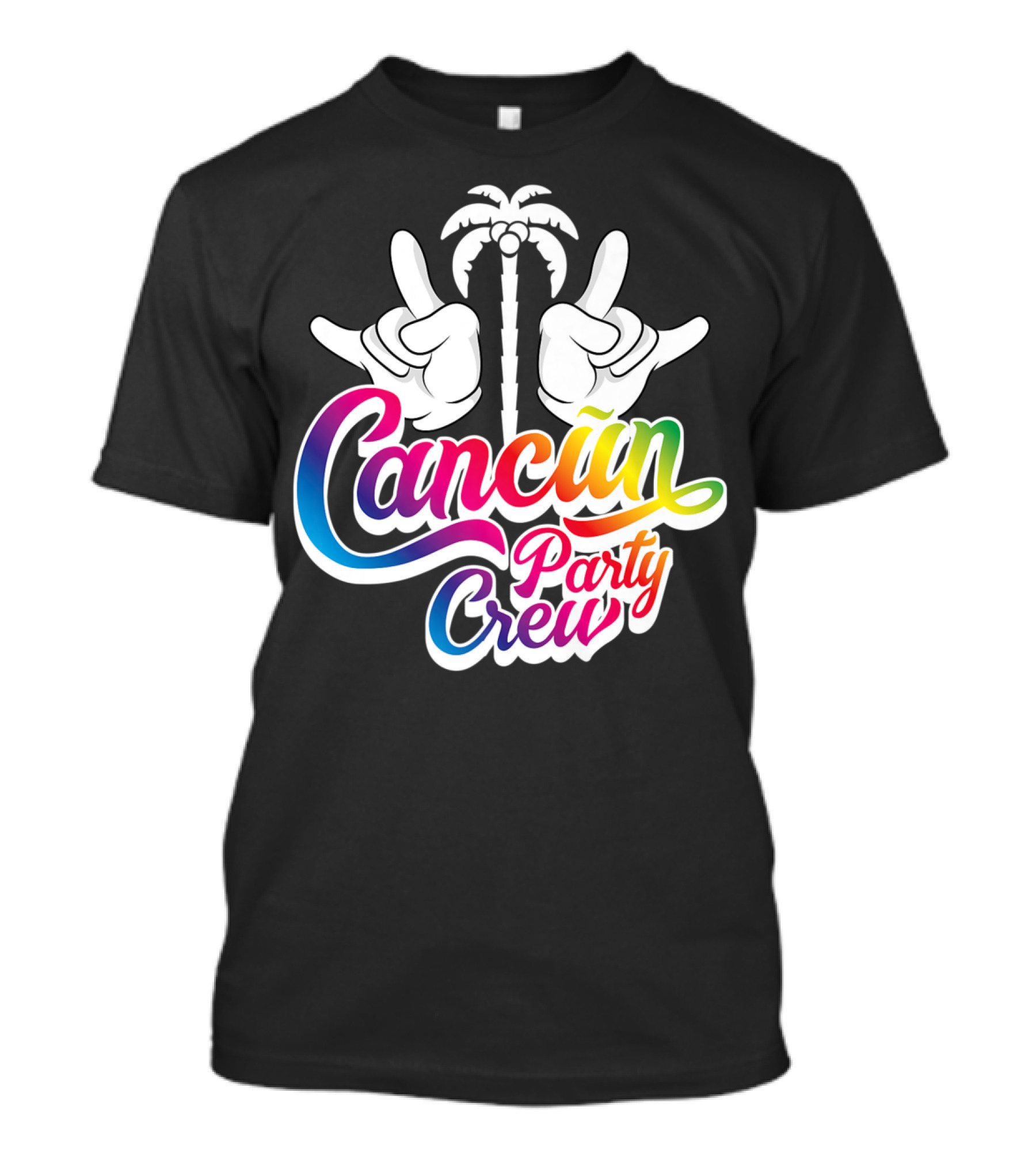 Cancun Party Crew Rainbow Hands Palm Tree Vacation Fun T-Shirt