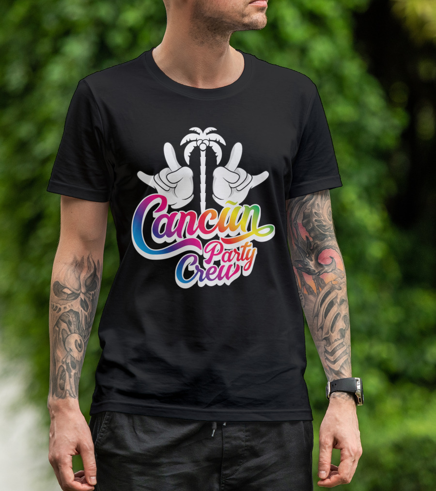 Cancun Party Crew Rainbow Hands Palm Tree Vacation Fun T-Shirt