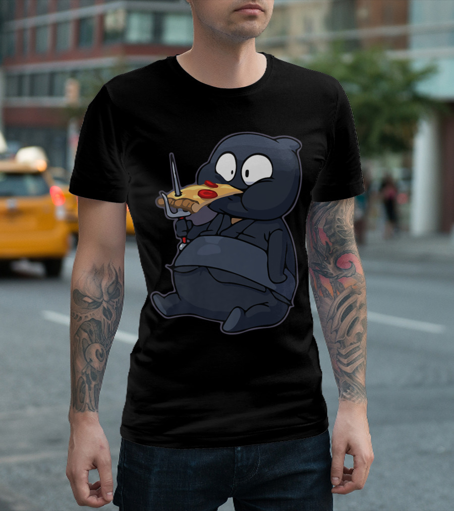 Funnny Fat Ninja Eating Pizza with Sword Quirky Dojo T-Shirt