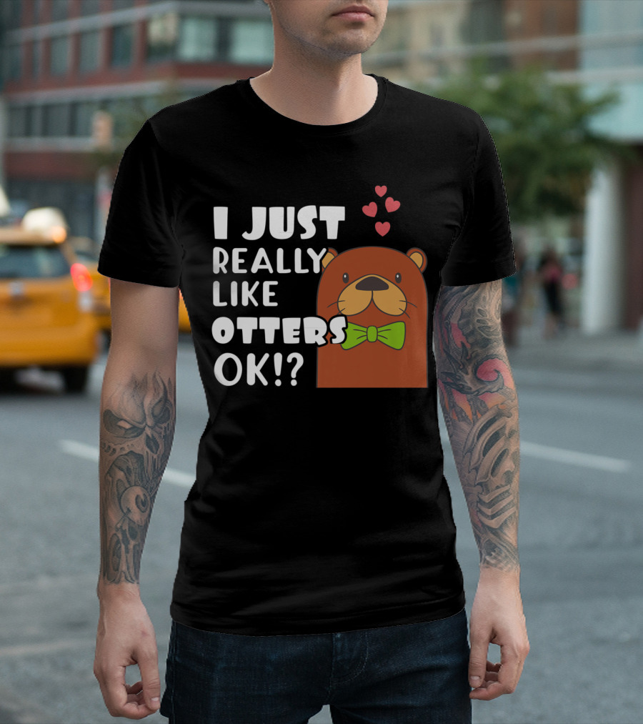 I Just Really Like Otters Ok Cute Otter Hearts Green Bow Tie T-Shirt