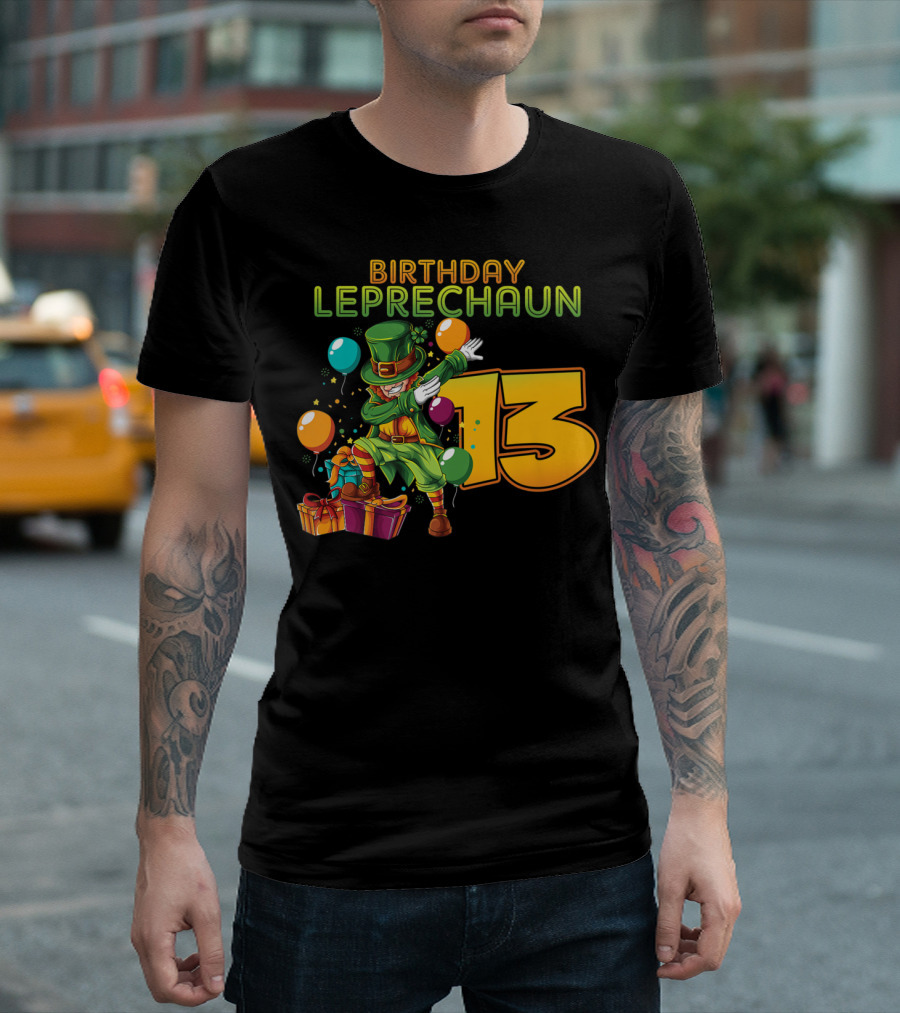 Birthday Leprechaun 13 Balloons and Gifts T-Shirt