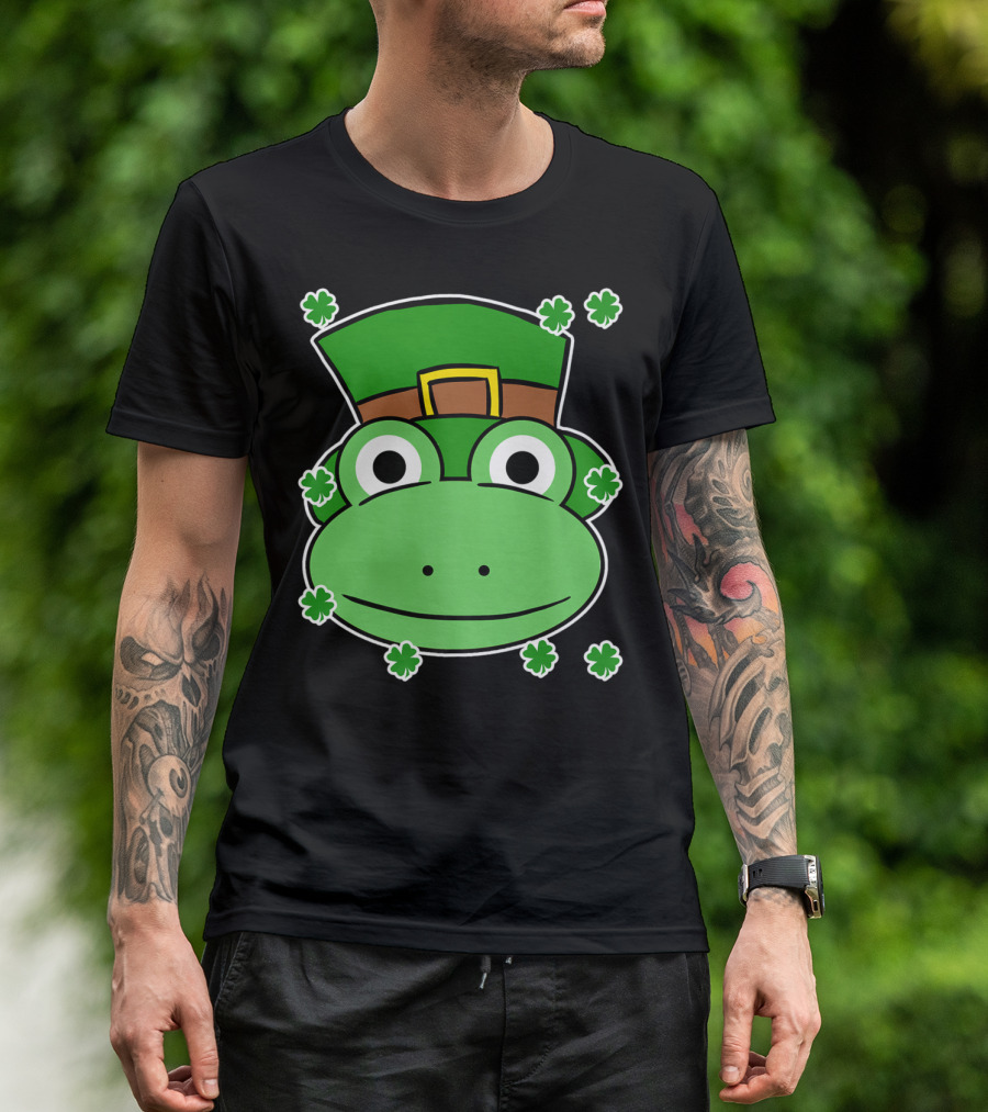 Green Cartoon Monkey In St. Patrick's Day Hat Surrounded By Shamrocks T-Shirt