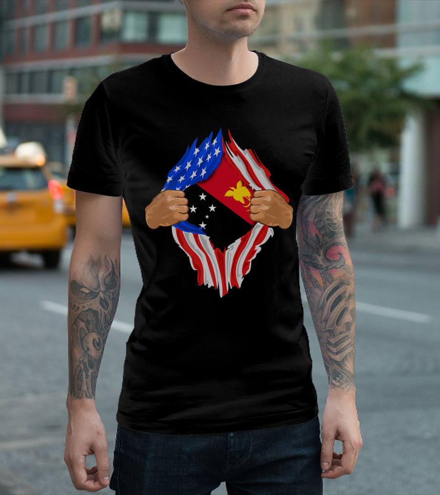 Papuan Blood Inside Me Papua New Guinea Flag American Flag Fusion T-Shirt