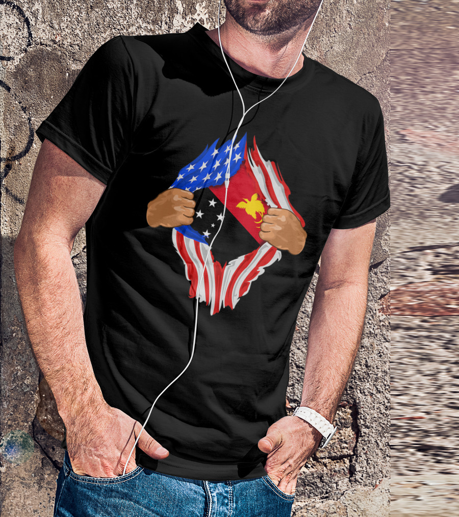 Papuan Blood Inside Me Papua New Guinea Flag American Flag Fusion T-Shirt