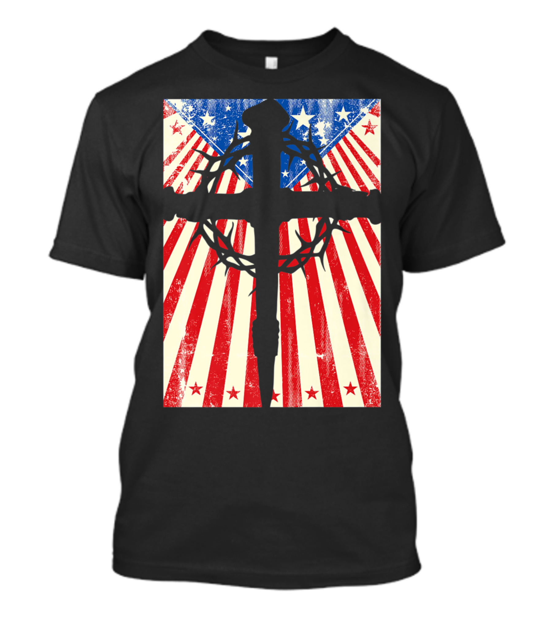 Patriotic Christian Cross With Crown Of Thorns And American Flag Stars And Stripes Background T-Shirt