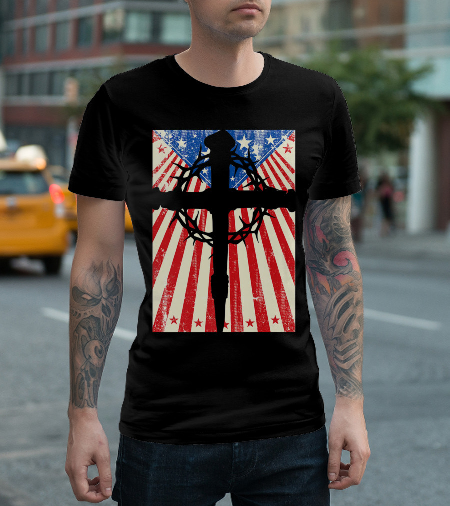 Patriotic Christian Cross With Crown Of Thorns And American Flag Stars And Stripes Background T-Shirt