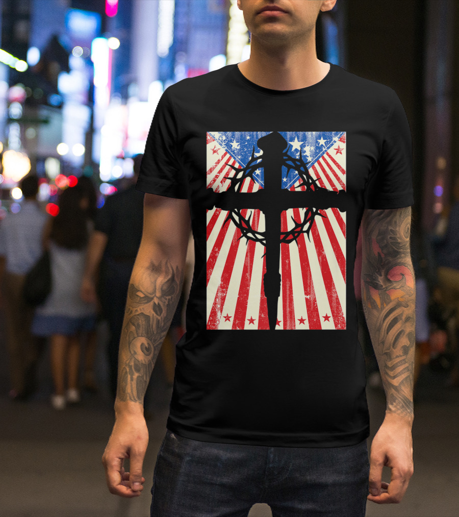 Patriotic Christian Cross With Crown Of Thorns And American Flag Stars And Stripes Background T-Shirt