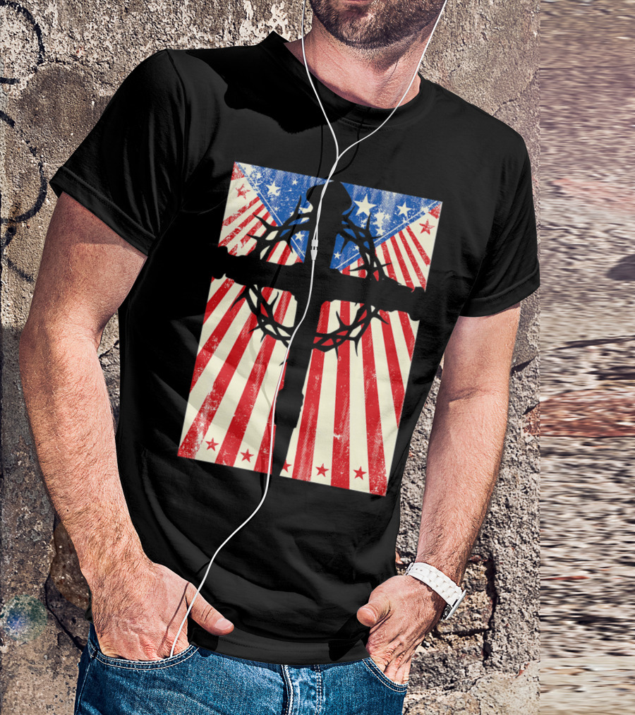 Patriotic Christian Cross With Crown Of Thorns And American Flag Stars And Stripes Background T-Shirt