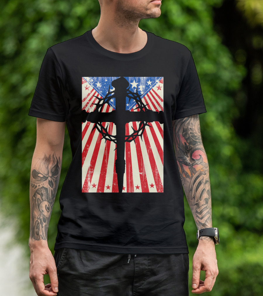 Patriotic Christian Cross With Crown Of Thorns And American Flag Stars And Stripes Background T-Shirt