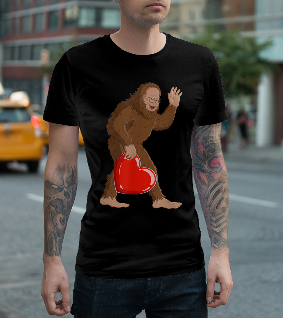 Bigfoot I Steal Hearts Valentines Day Giant Red Heart Waving Happy T-Shirt