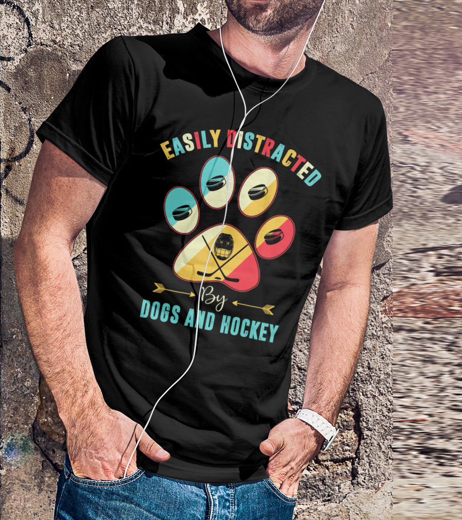 Easily Distracted By Dogs And Hockey Bold Paw Prints T-Shirt