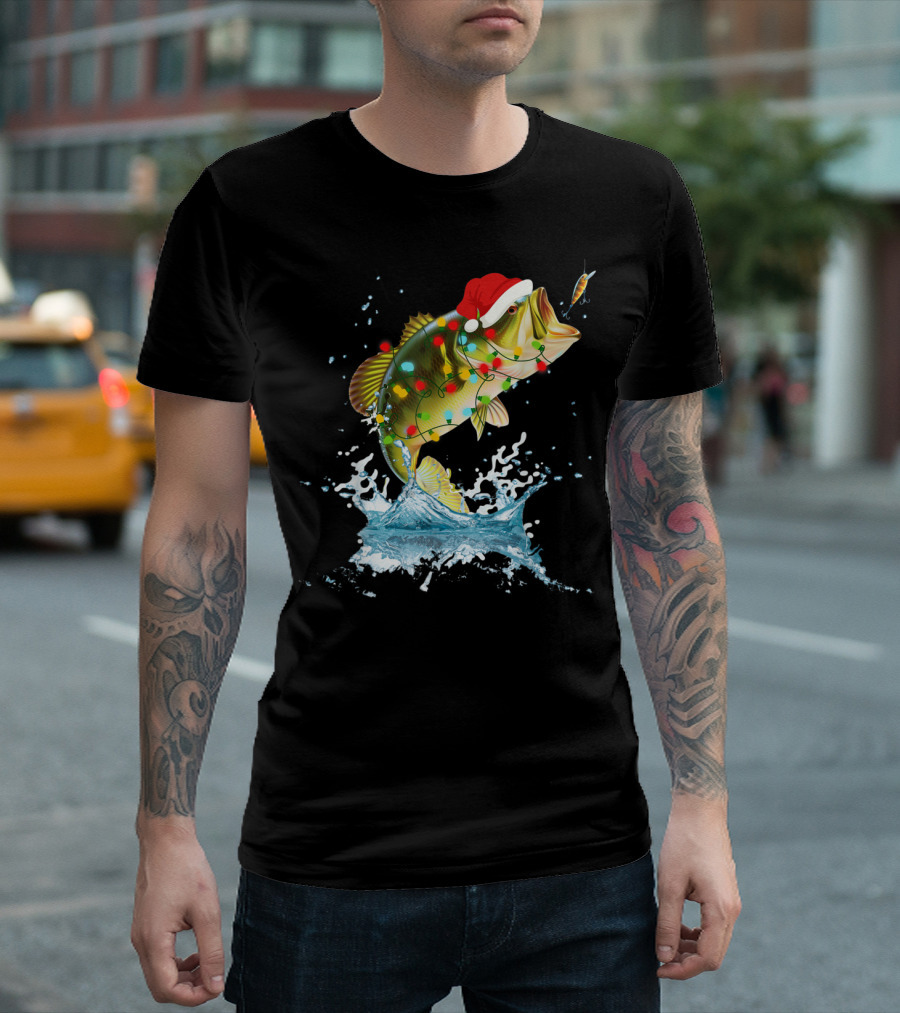 Santa Hat Bass Fishing with Christmas Lights Splash T-Shirt