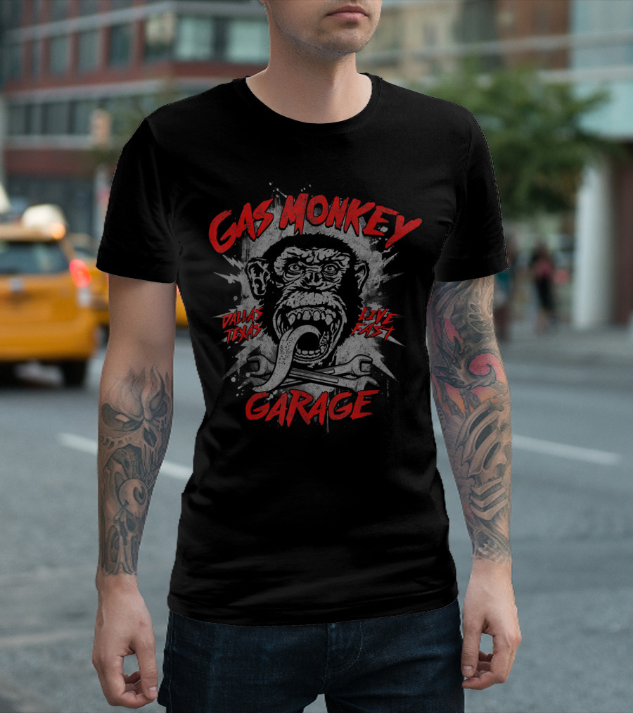 Gas Monkey Garage Dallas Texas Live Fast Monkey Wrench Splatter T-Shirt