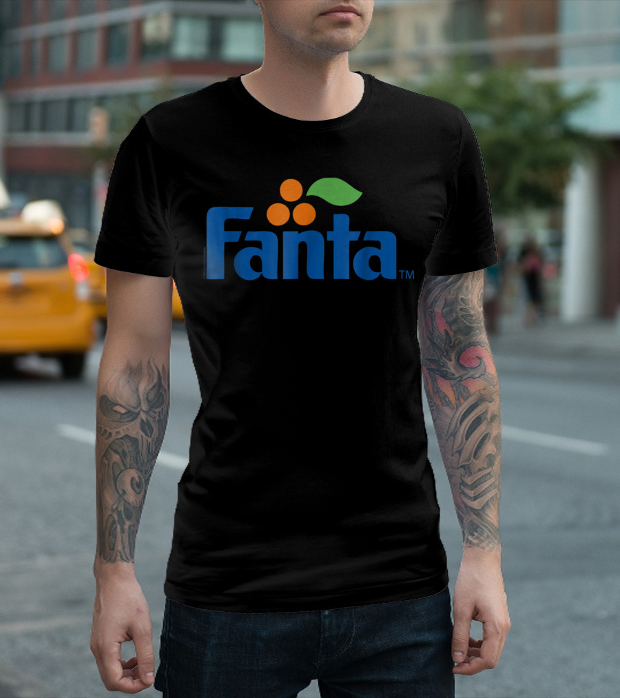 Fanta Vintage Coca Cola Blue Logo with Orange Circles and Green Leaf T-Shirt