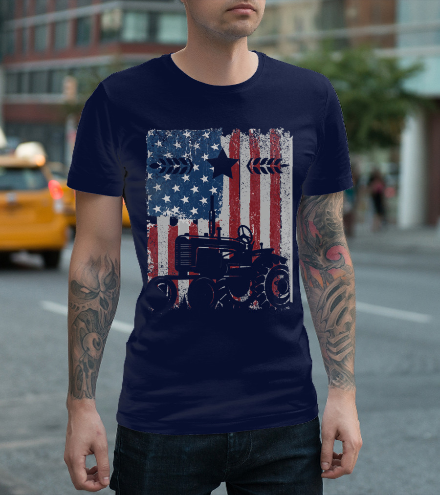 American Farmer Patriotism with USA Flag and Tractor T-Shirt