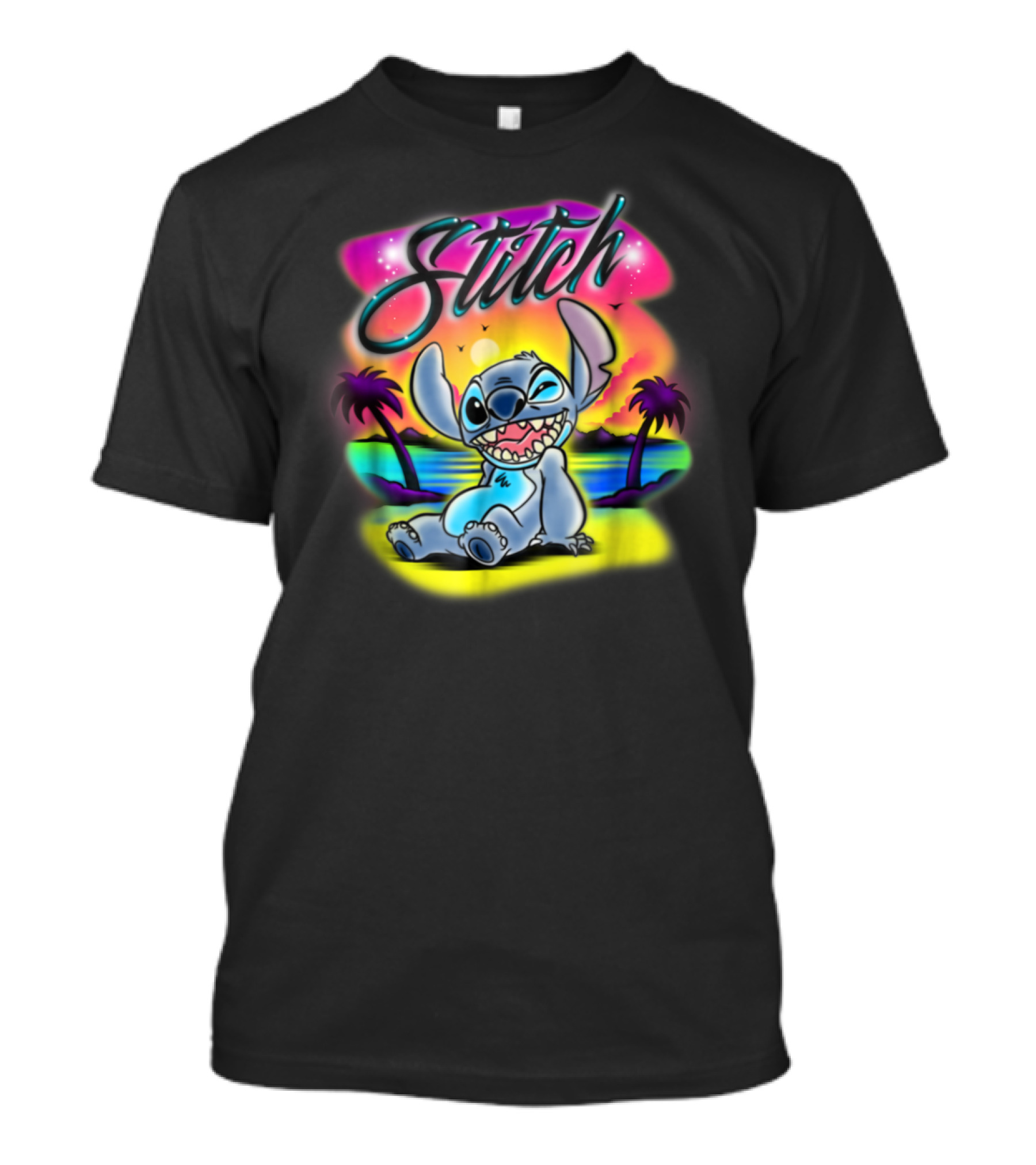 Disney Airbrush Stitch Sunset Tropical Scene T-Shirt