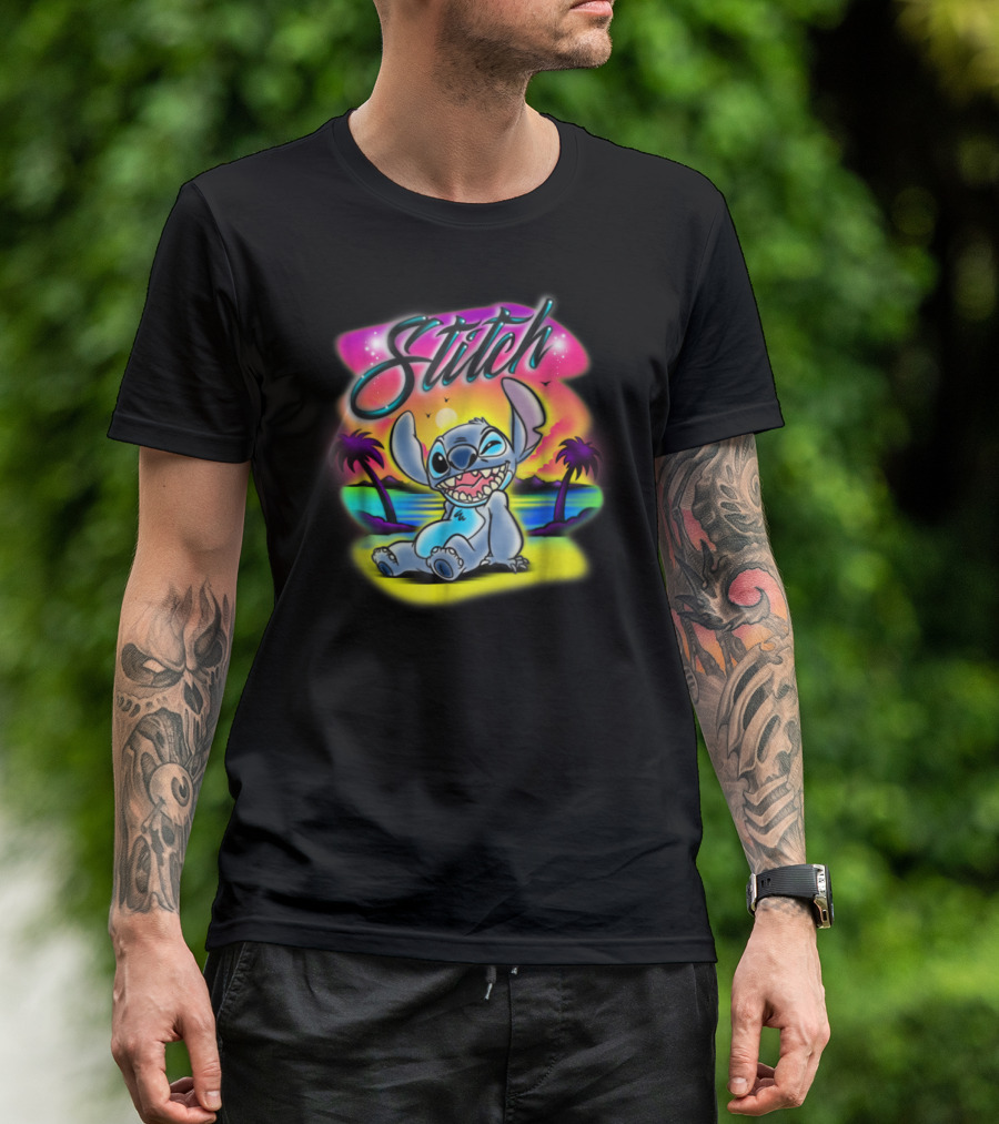 Disney Airbrush Stitch Sunset Tropical Scene T-Shirt