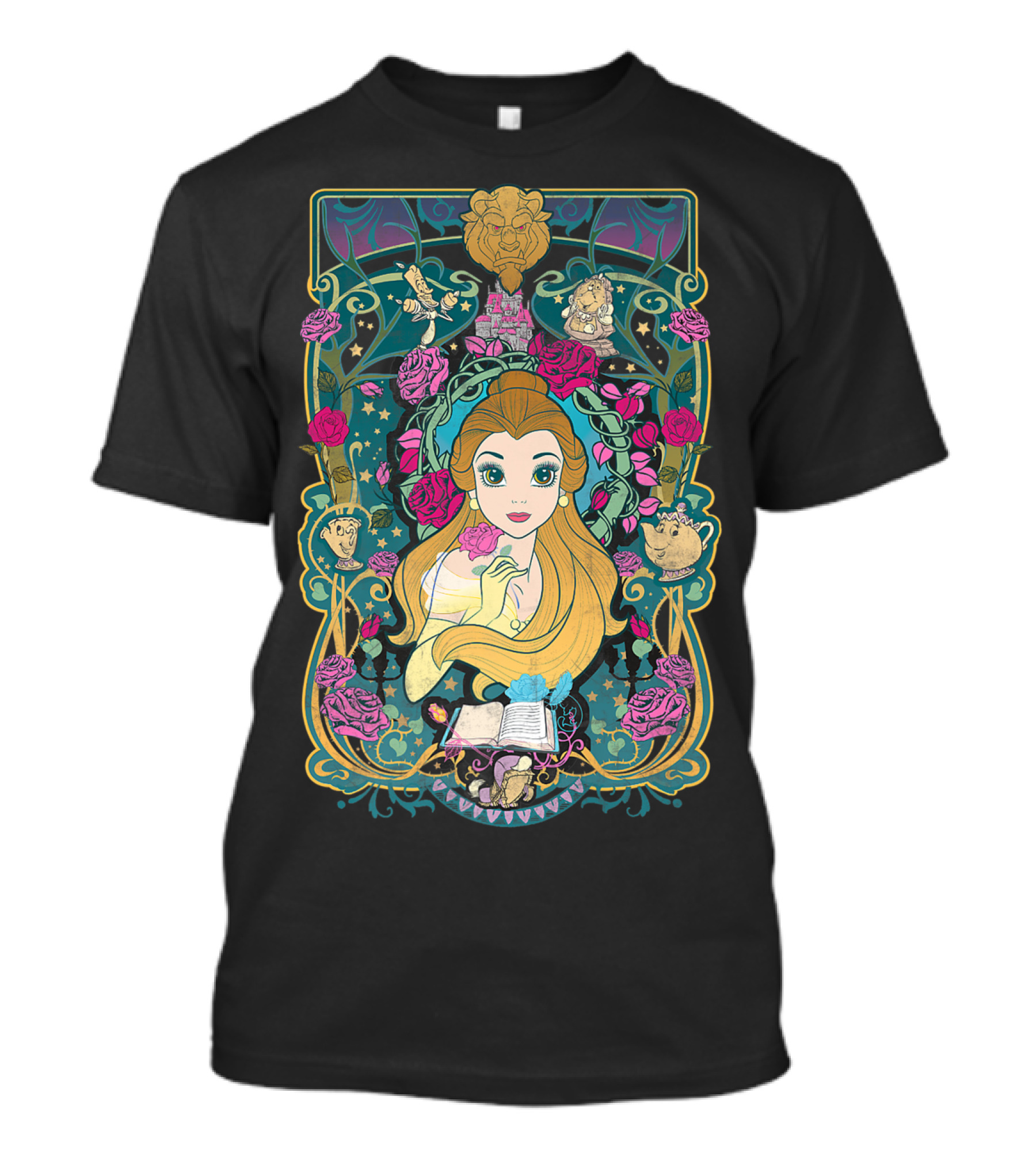 Disney Beauty And The Beast Belle Roses Lumière Mrs. Potts Enchanted Castle T-Shirt