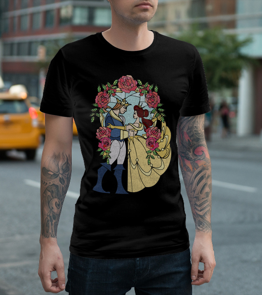 Disney Beauty And The Beast Stained Glass Roses And Dancing Couple T-Shirt