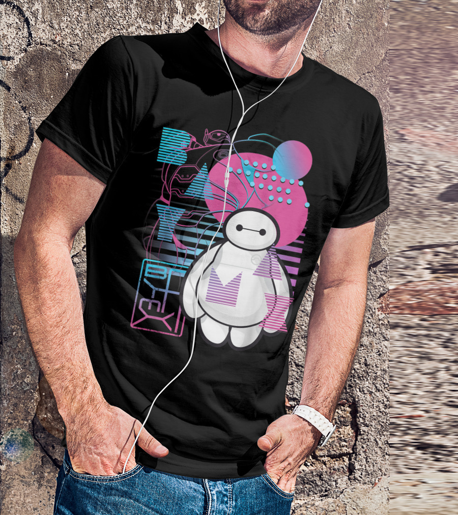 Disney Big Hero 6 Baymax Neon Blue Pink Geometric T-Shirt
