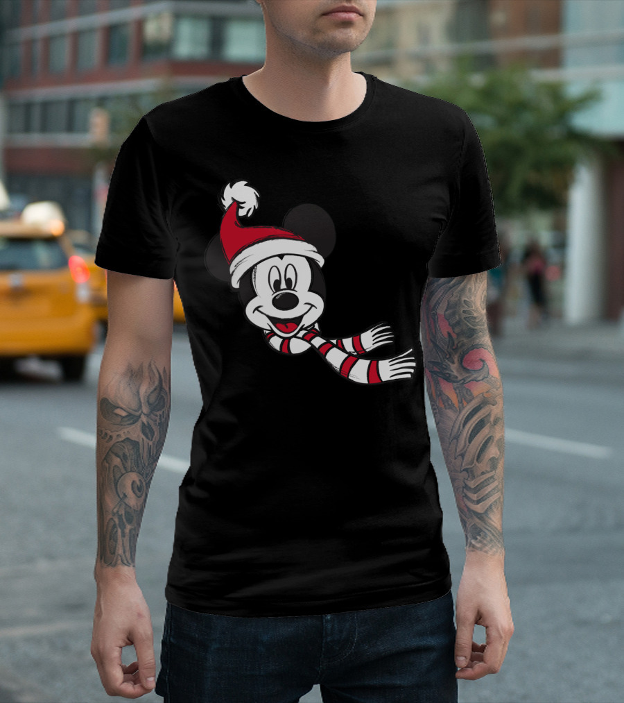 Mickey Mouse Christmas Santa Hat and Scarf Disney Holiday T-Shirt