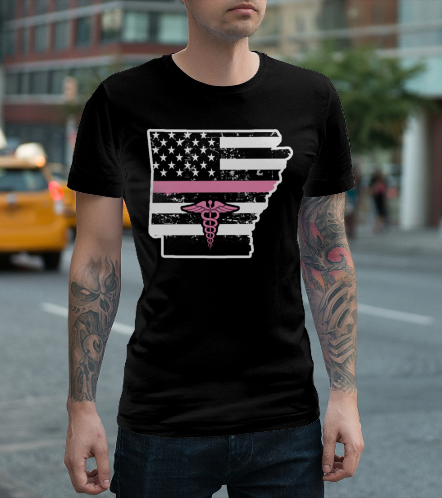 Arkansas Nurse Caduceus American Flag Pink Stripes T-Shirt