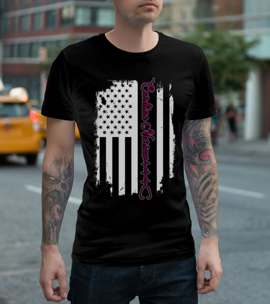 Cardiac Nurse American Flag with Heartbeat Line T-Shirt