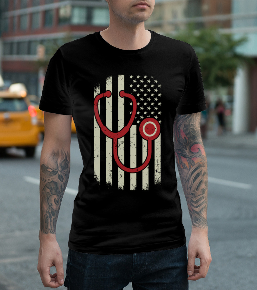 Doctor Nurse Stethoscope US Flag USA America T-Shirt