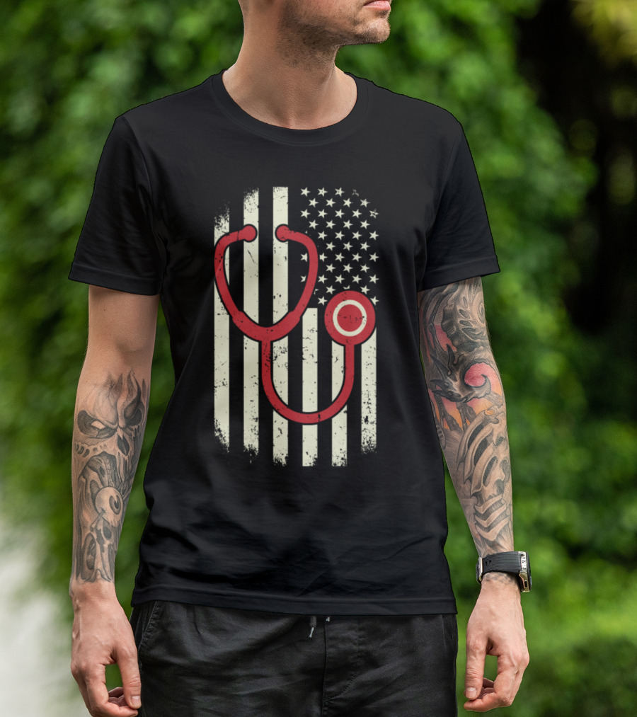 Doctor Nurse Stethoscope US Flag USA America T-Shirt