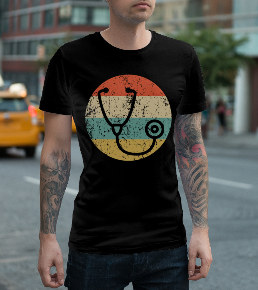 Doctor Nurse Vintage Stethoscope Retro Circle Stripe T-Shirt