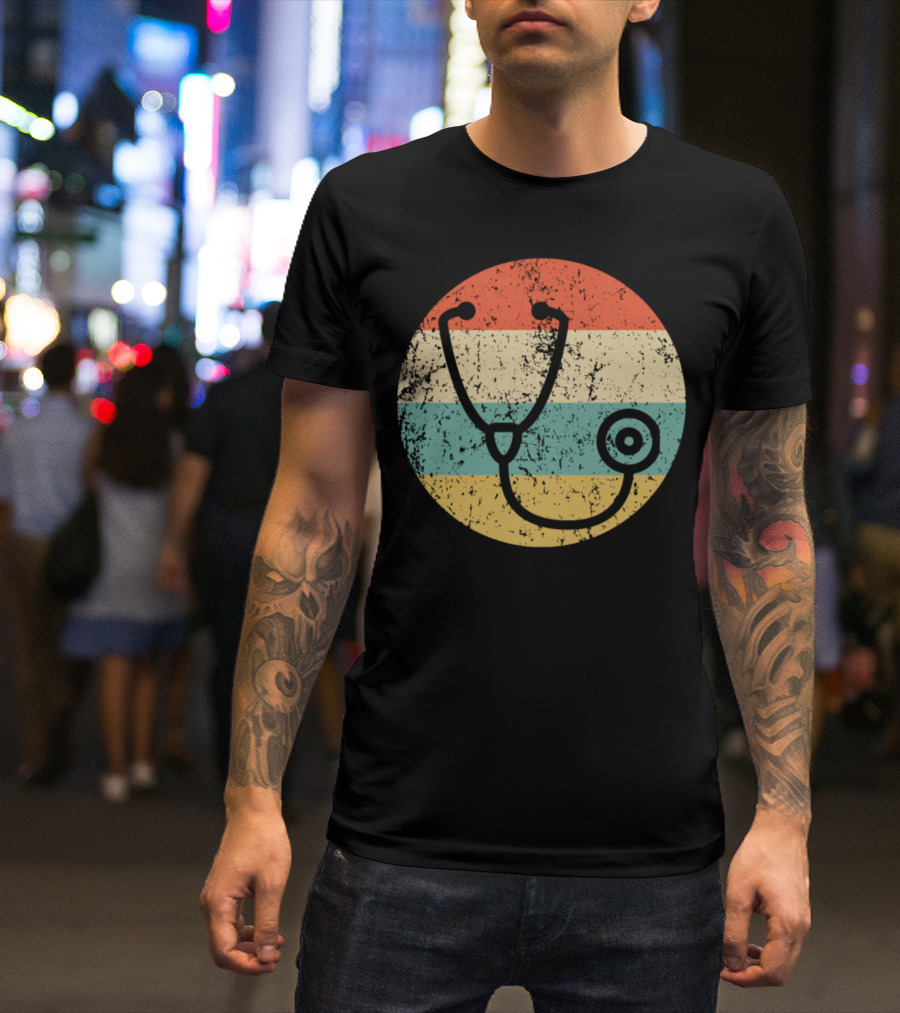 Doctor Nurse Vintage Stethoscope Retro Circle Stripe T-Shirt