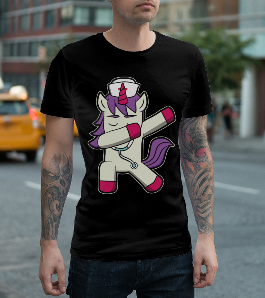 Dabbing Unicorn Nurse With Medical Stethoscope And Hat T-Shirt