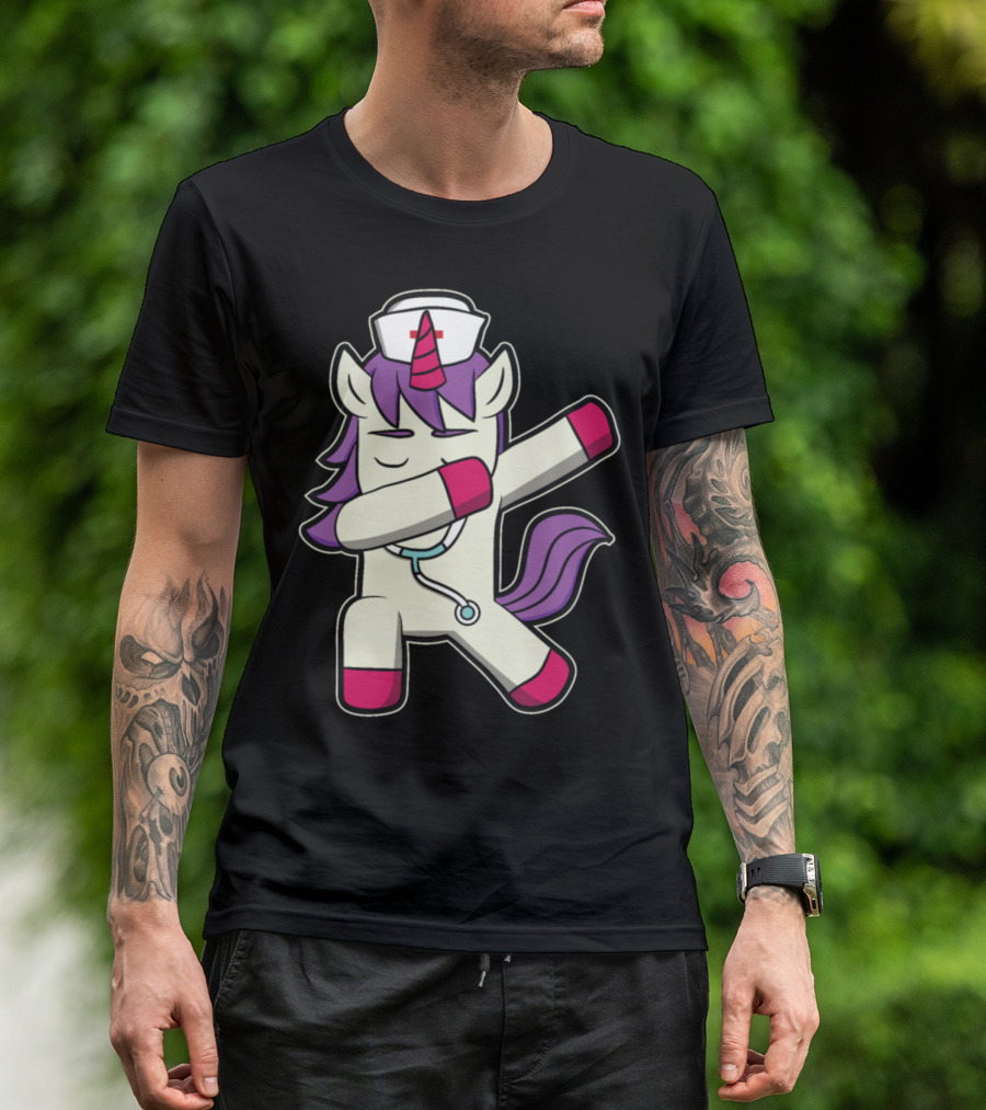 Dabbing Unicorn Nurse With Medical Stethoscope And Hat T-Shirt