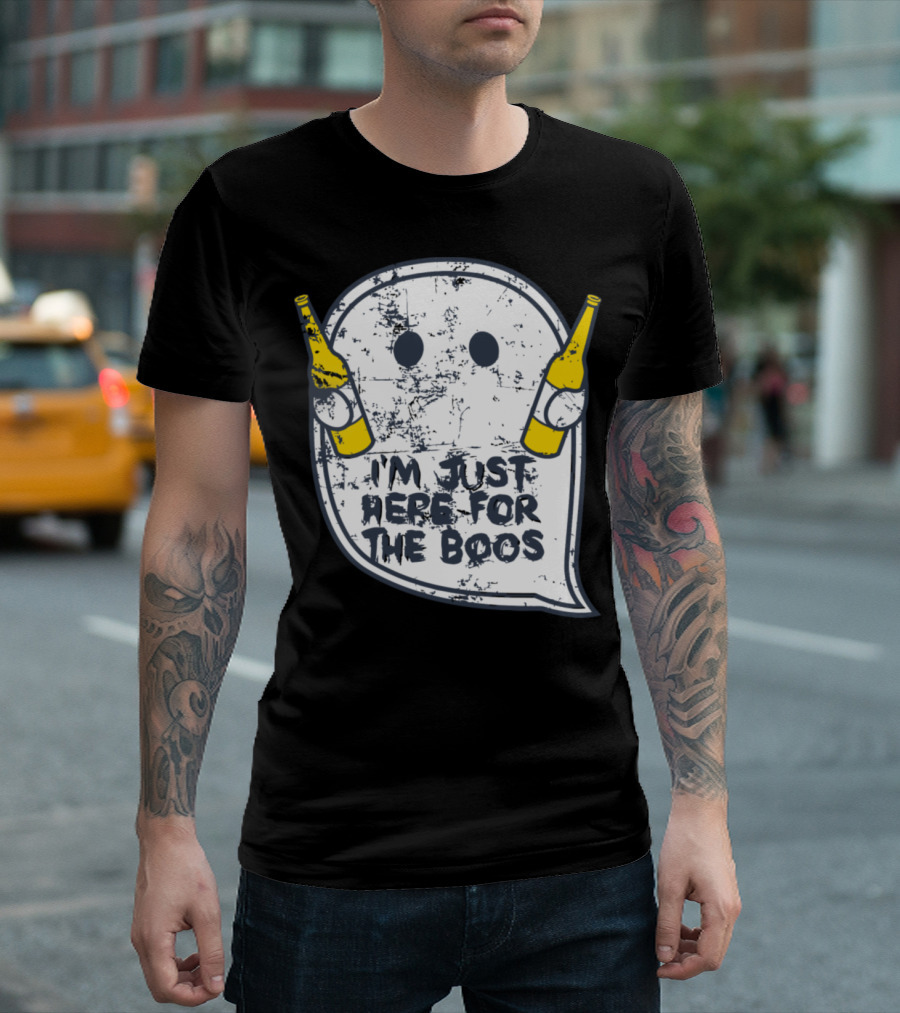 I'm Just Here For The Boos Ghost Holding Two Beer Bottles Halloween T-Shirt
