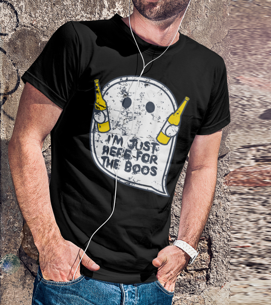 I'm Just Here For The Boos Ghost Holding Two Beer Bottles Halloween T-Shirt