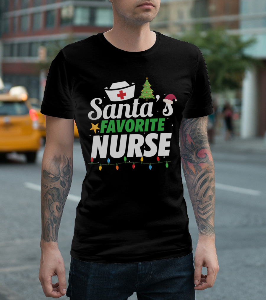 Santa's Favorite Nurse Christmas Tree Hat Lights T-Shirt