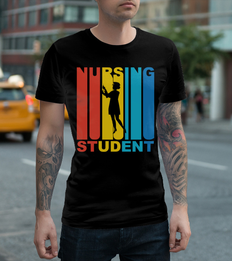 Vintage Nursing Student Silhouette Retro Color Bars T-Shirt
