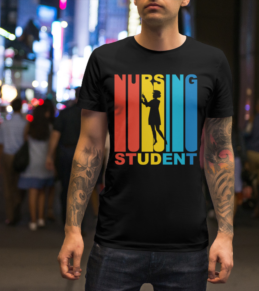 Vintage Nursing Student Silhouette Retro Color Bars T-Shirt