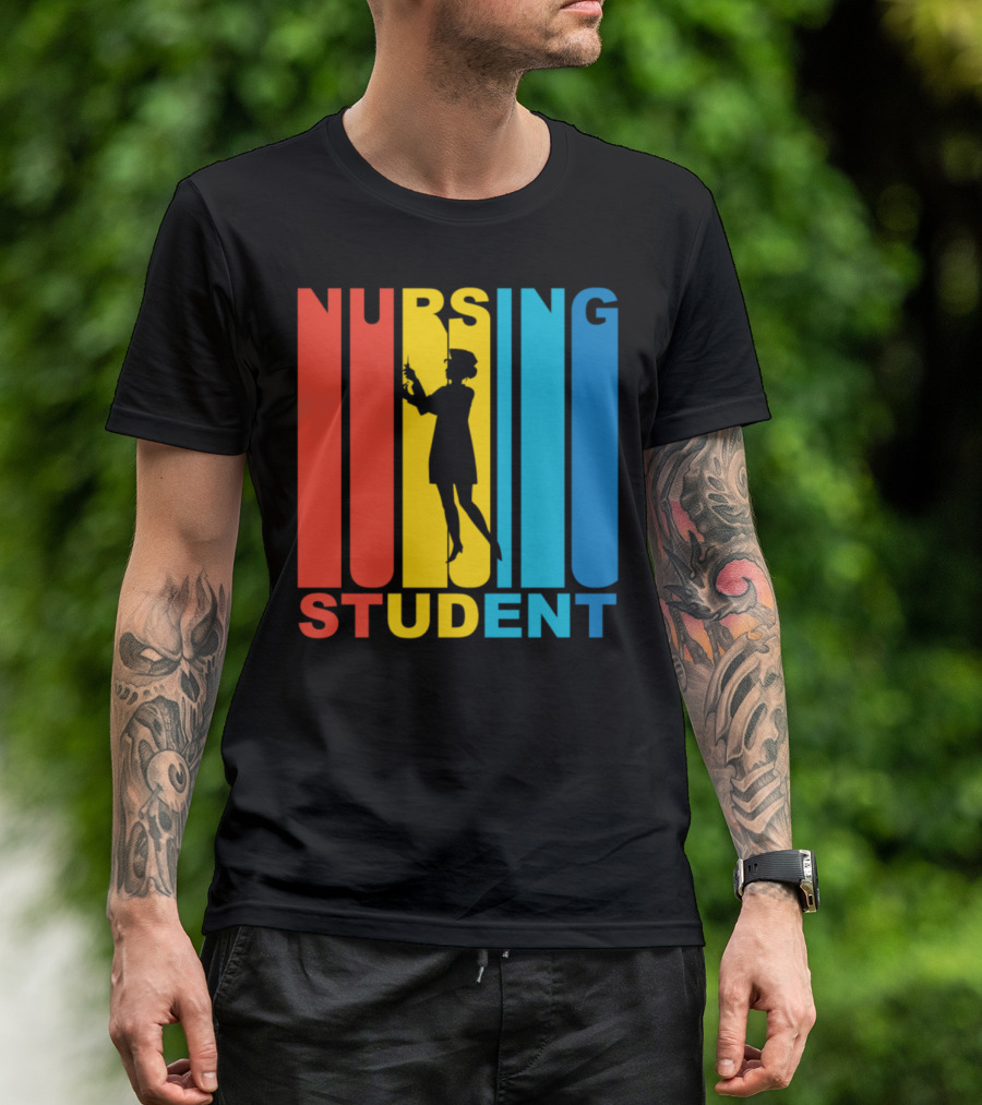 Vintage Nursing Student Silhouette Retro Color Bars T-Shirt