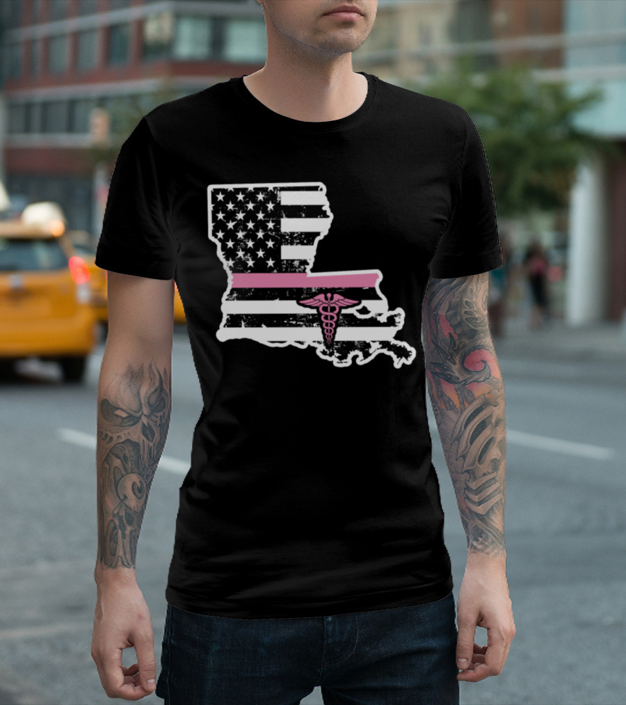Louisiana Nurse American Flag Caduceus Black And Pink T-Shirt