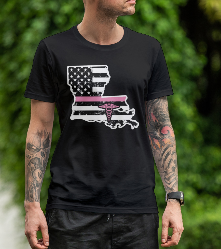 Louisiana Nurse American Flag Caduceus Black And Pink T-Shirt