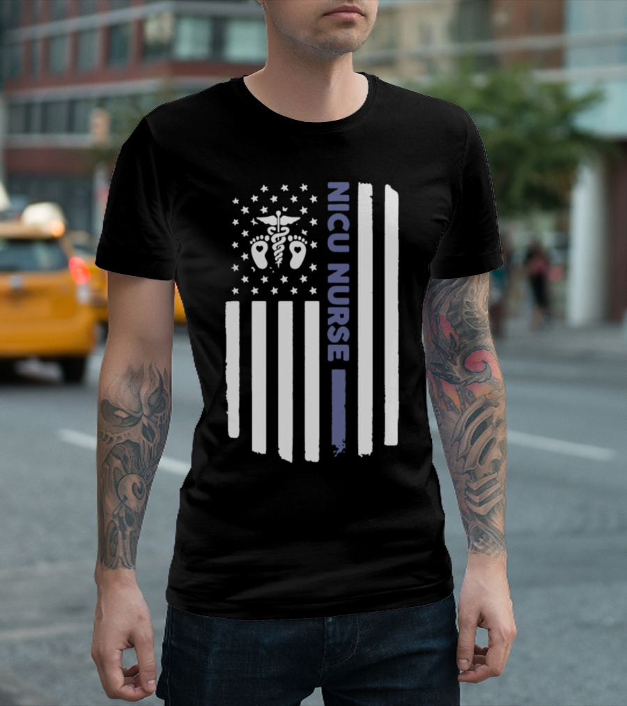 NICU Nurse American Flag With Caduceus And Tiny Feet T-Shirt