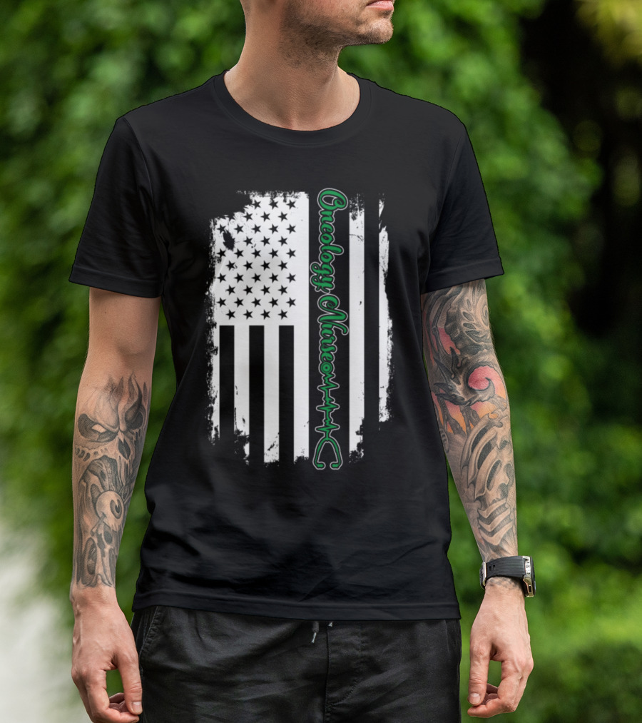 Oncology Nurse American Flag Vertical EKG Heartbeat T-Shirt
