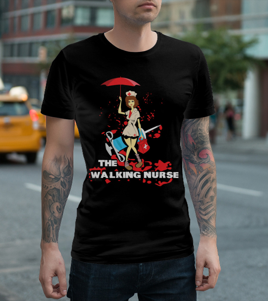 The Walking Nurse Umbrella Blood Stains Cartoon Nurse Halloween T-Shirt