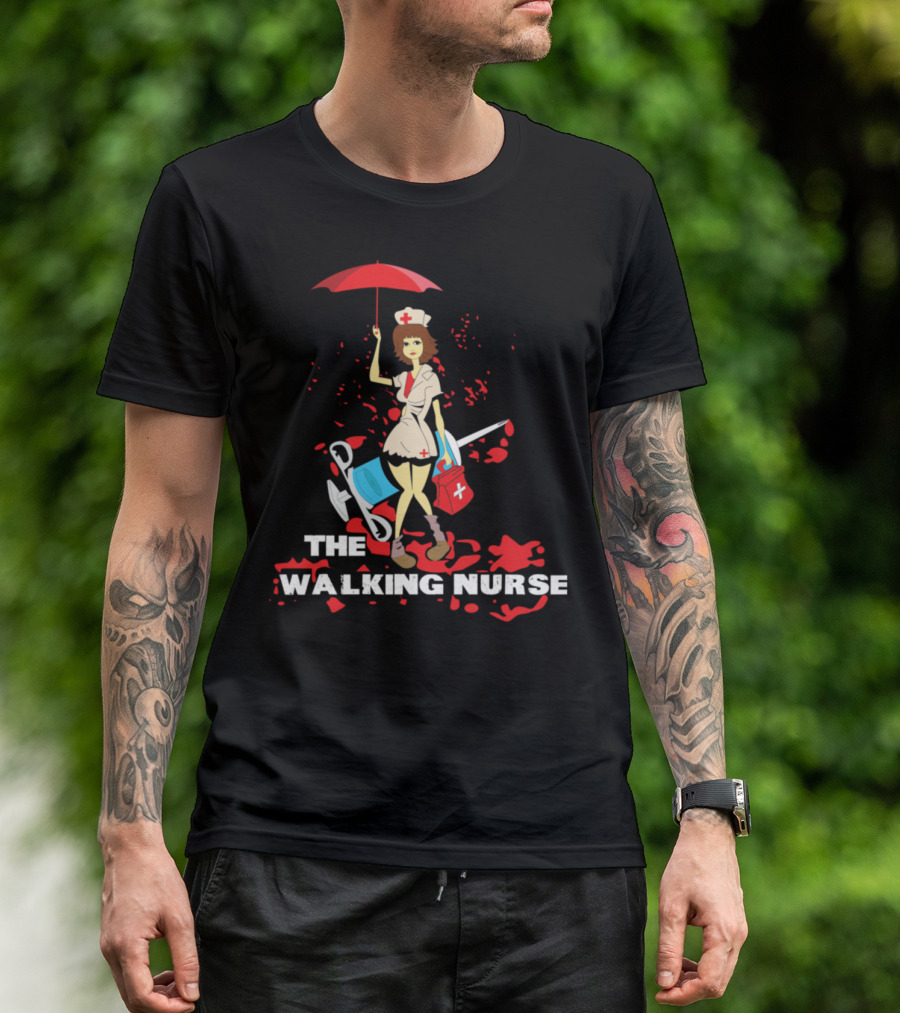 The Walking Nurse Umbrella Blood Stains Cartoon Nurse Halloween T-Shirt