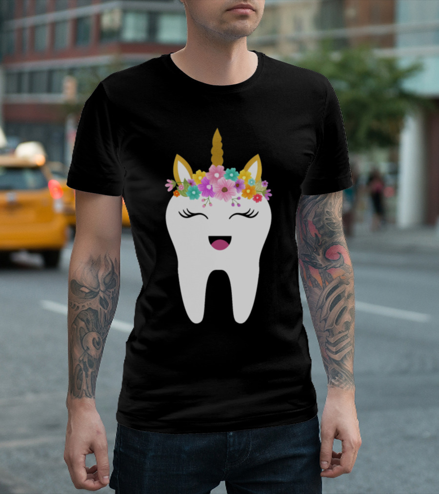 Unicorn Tooth with Floral Crown Fairy Dentist Tooth Fairy T-Shirt