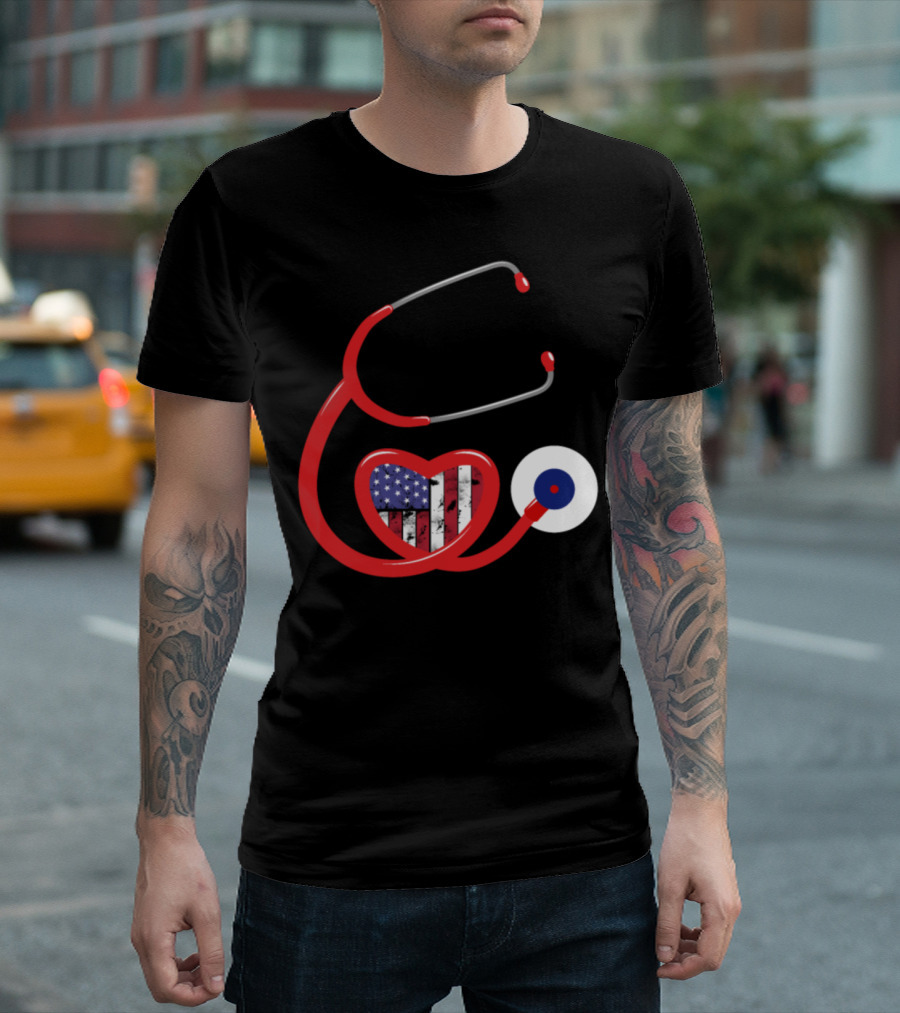 American Nurse Heart Stethoscope USA Flag 4th Of July T-Shirt