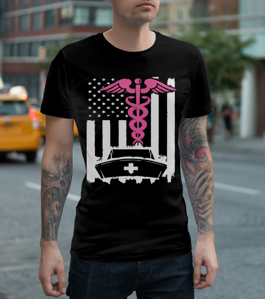 American Nurse Flag Caduceus Hat Gildan Women Nurse T-Shirt