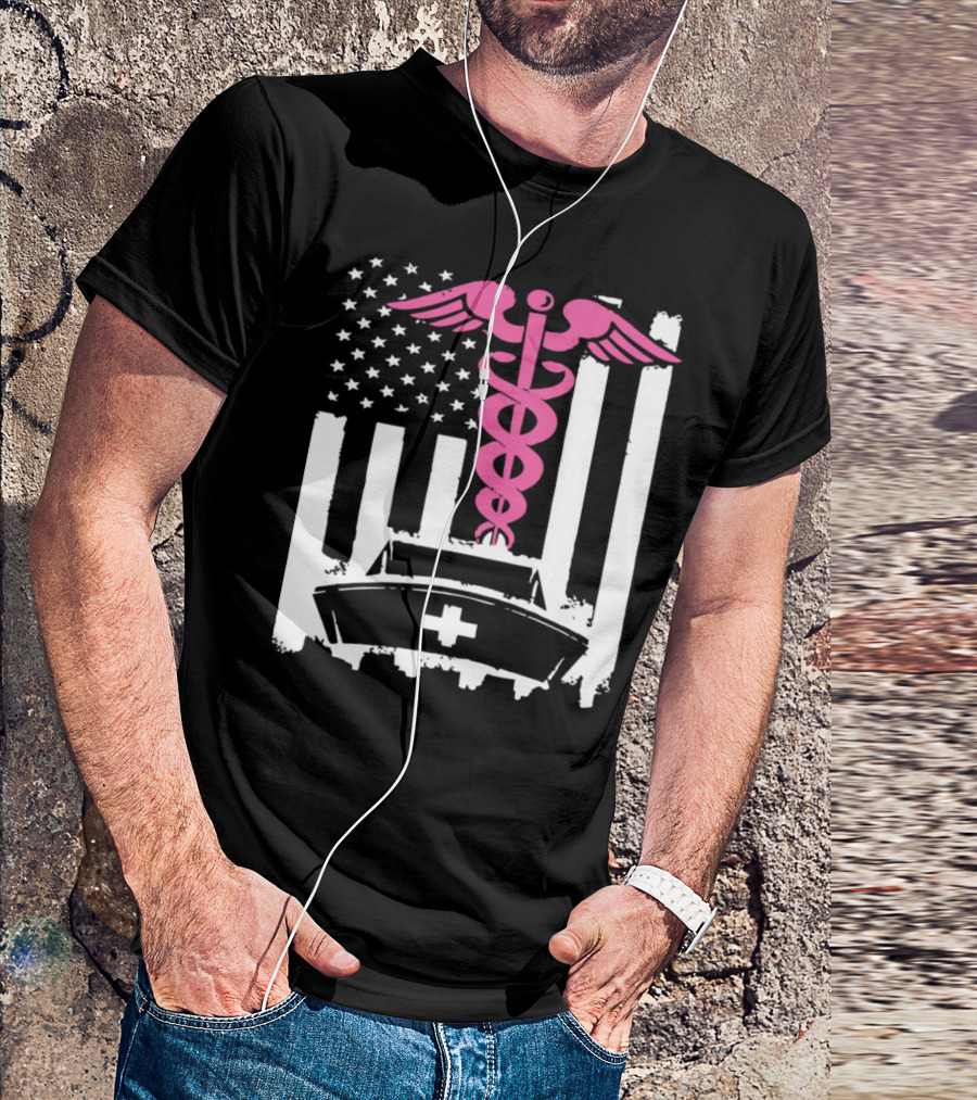 American Nurse Flag Caduceus Hat Gildan Women Nurse T-Shirt